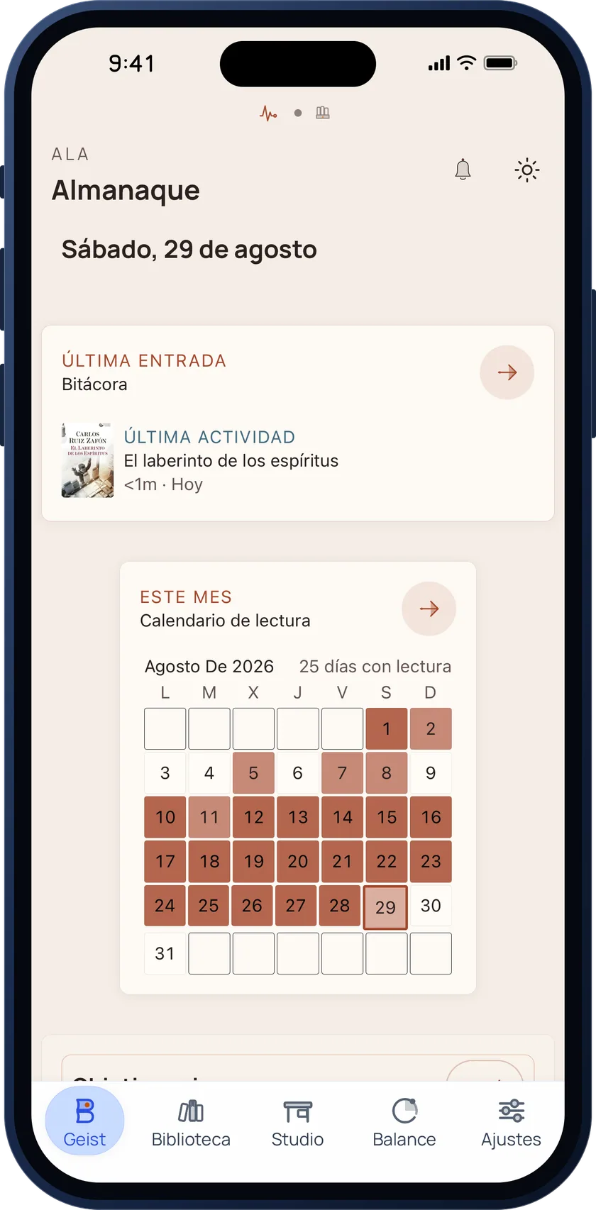 Bookgeist almanac home with the last log entry and a month calendar of reading days