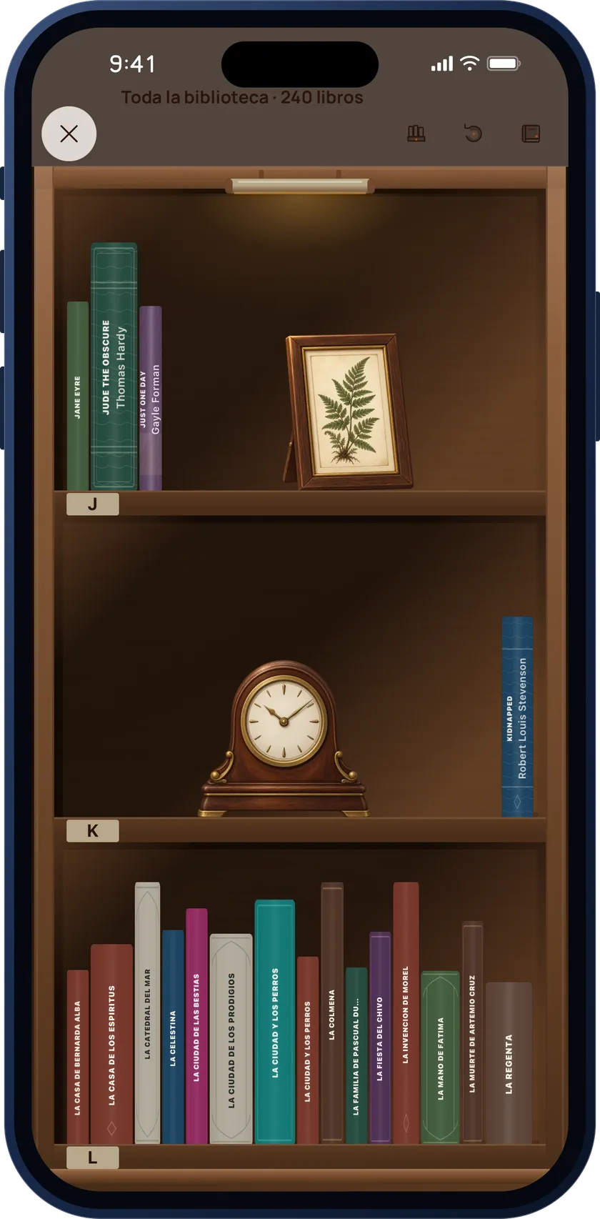 Bookgeist wooden shelf showing the whole library of 240 books in alphabetical order