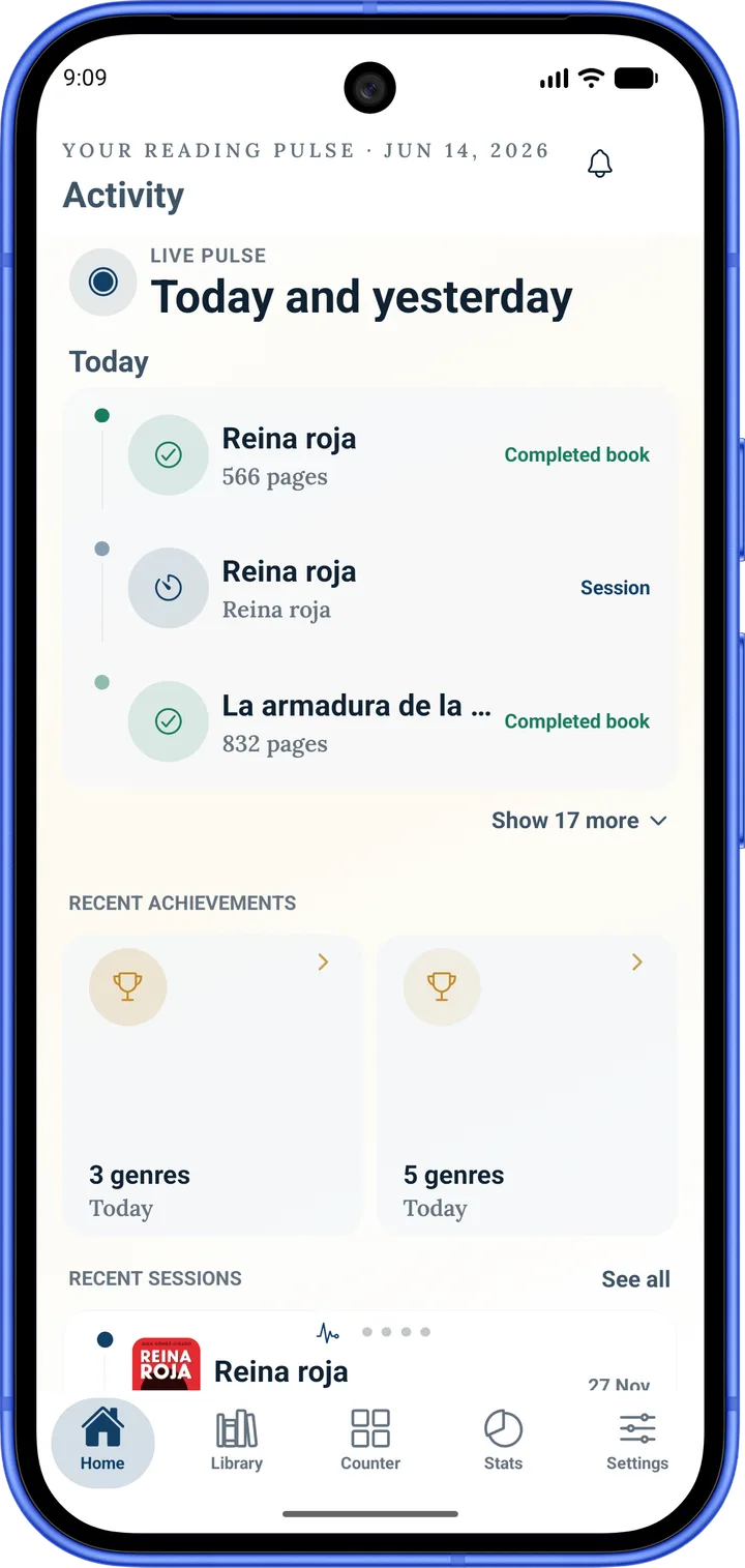BookGeist home with your reading pulse, recent sessions and achievements