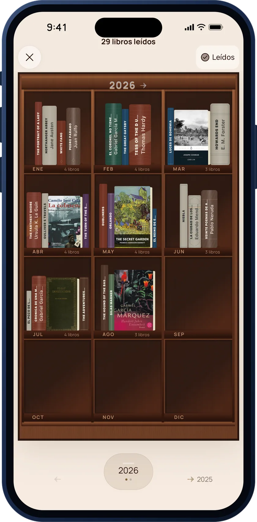 Bookgeist yearly bookshelf with the 29 books read in 2026 arranged by month