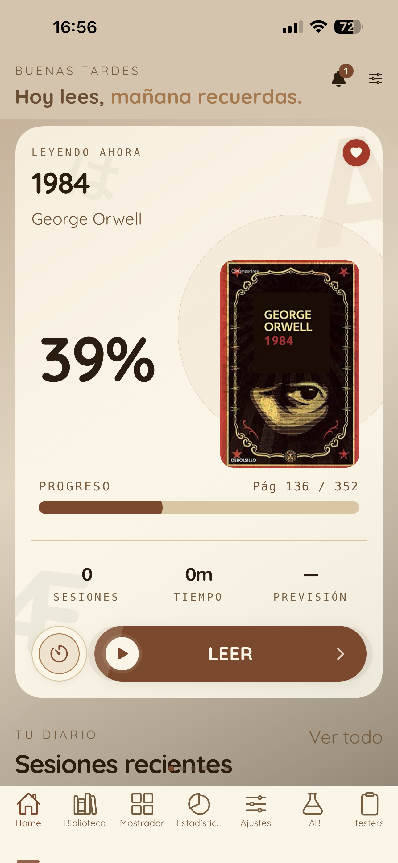 BookGeist reading home screen with active sessions and recent progress