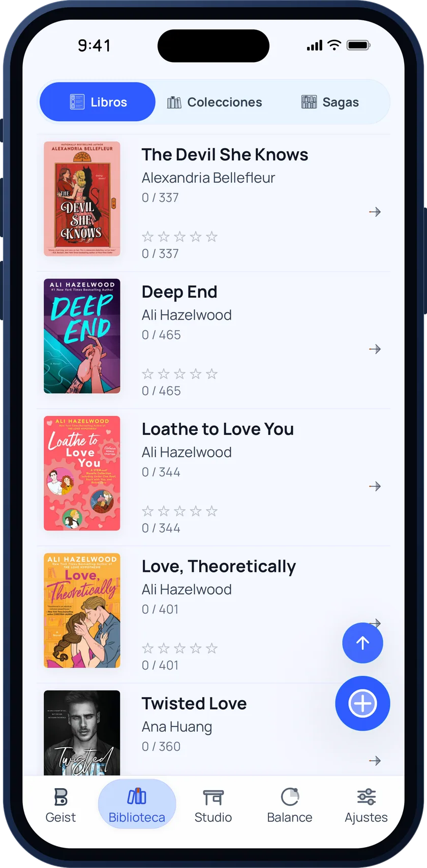 Bookgeist library in list layout with covers, authors, page counts and ratings