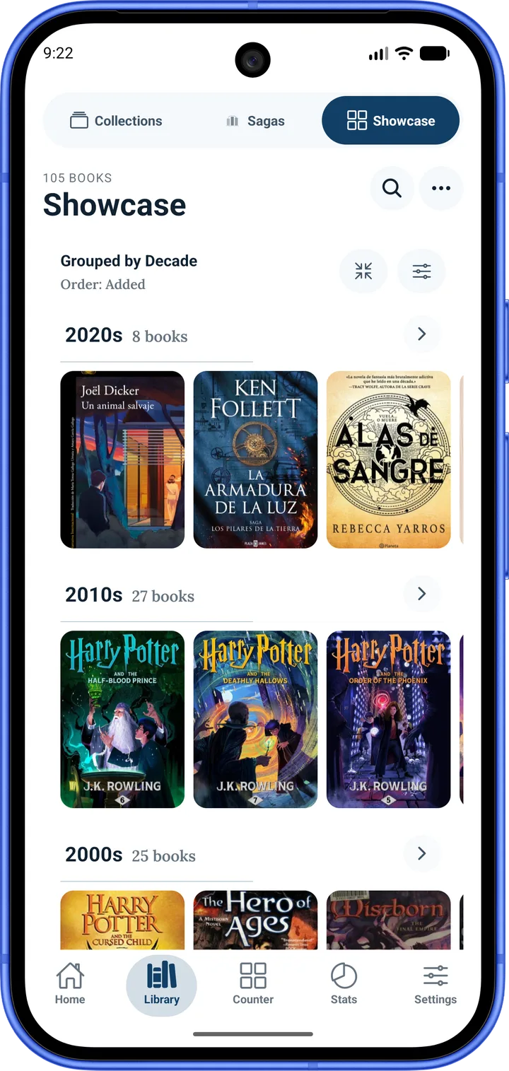 BookGeist showcase grouping the library by decade