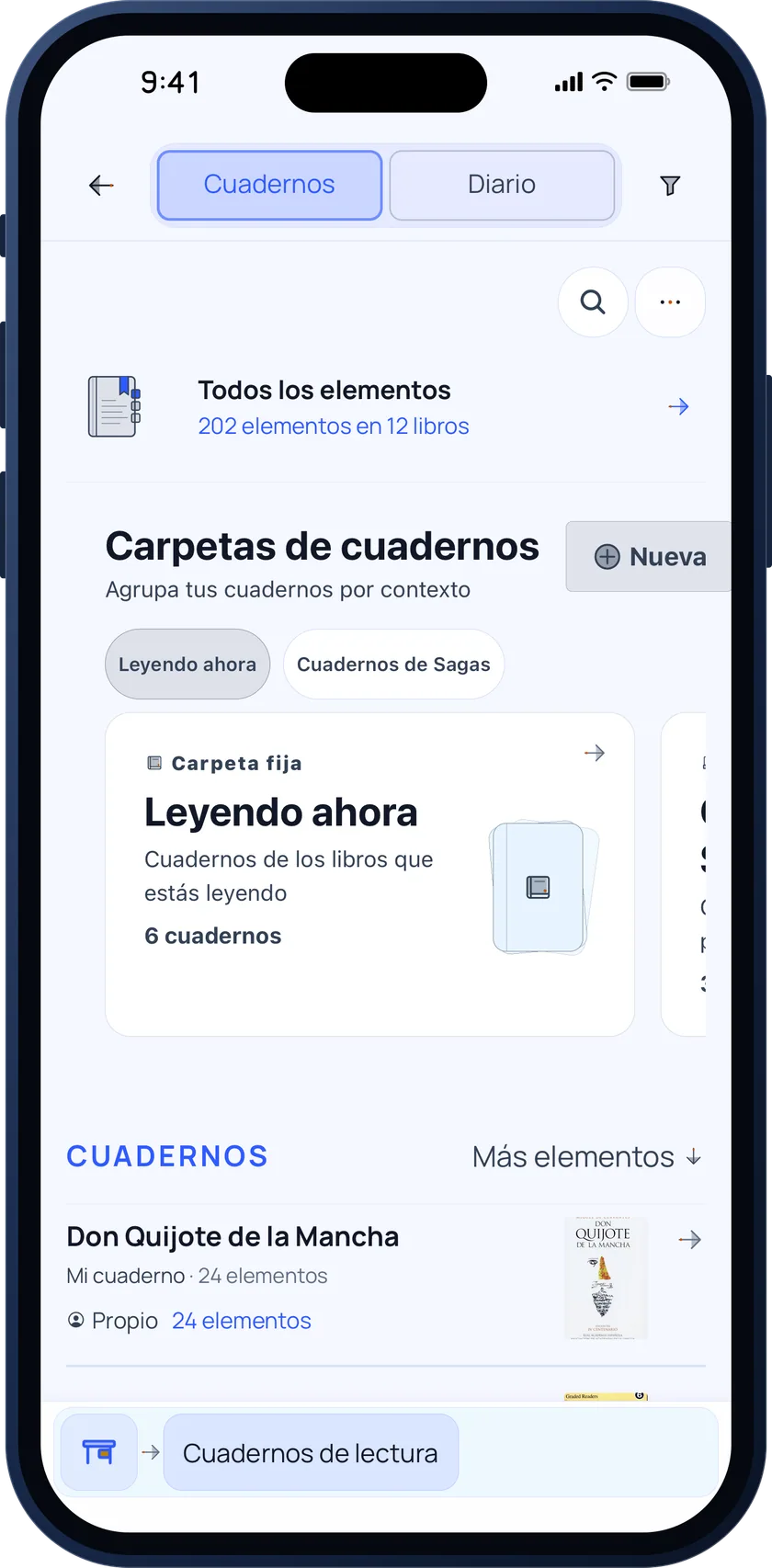 Bookgeist notebooks list with folders such as reading now and saga notebooks