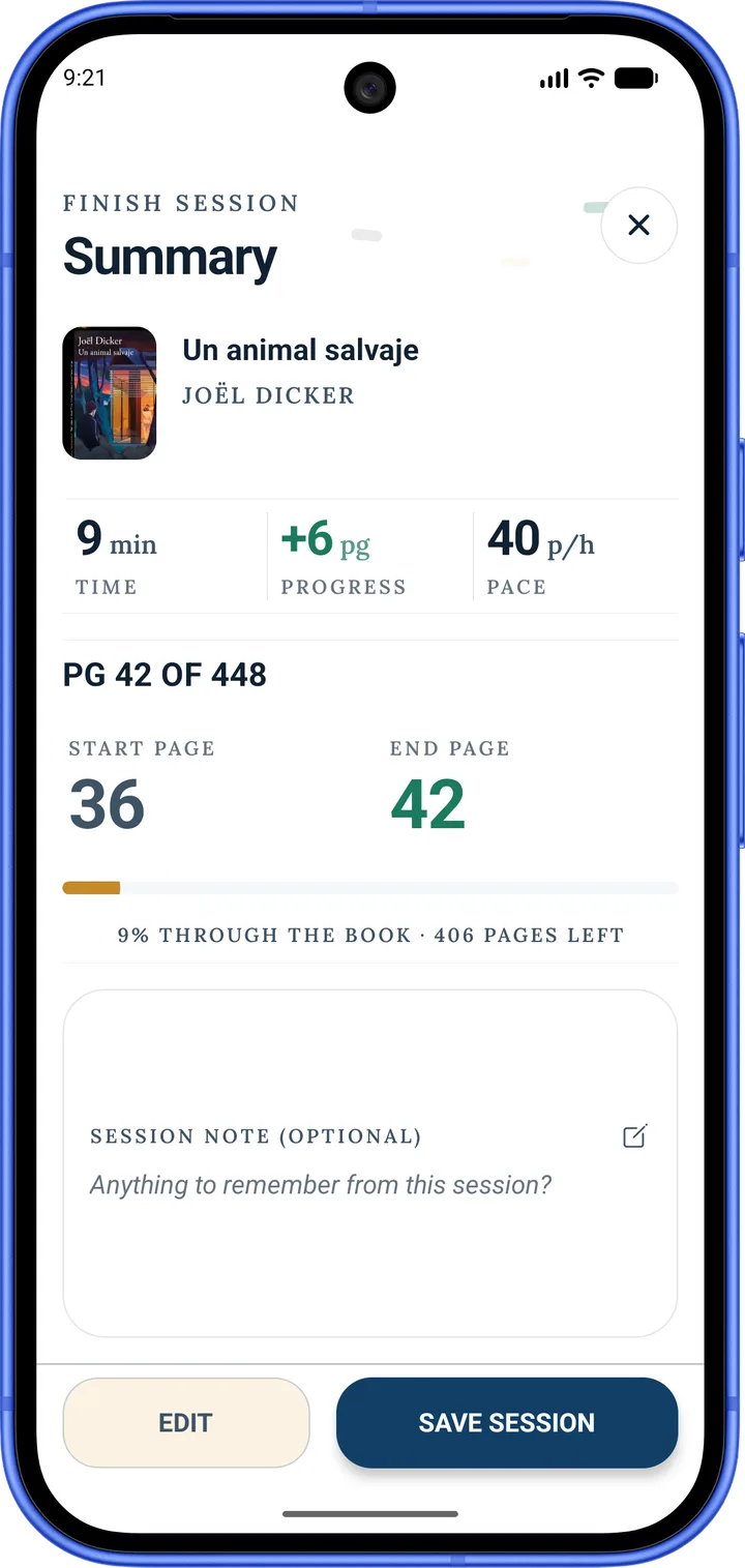 BookGeist session summary with time, pages and reading pace