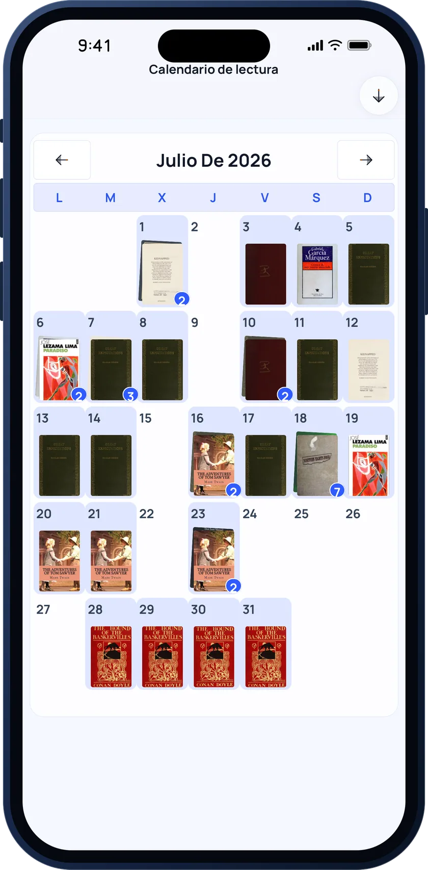Bookgeist reading calendar for a month, each day showing the covers of the books read