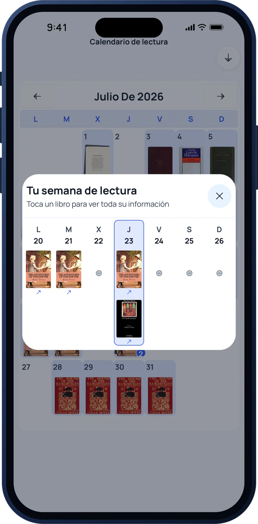 Bookgeist week view popping over the calendar with the books read on each day