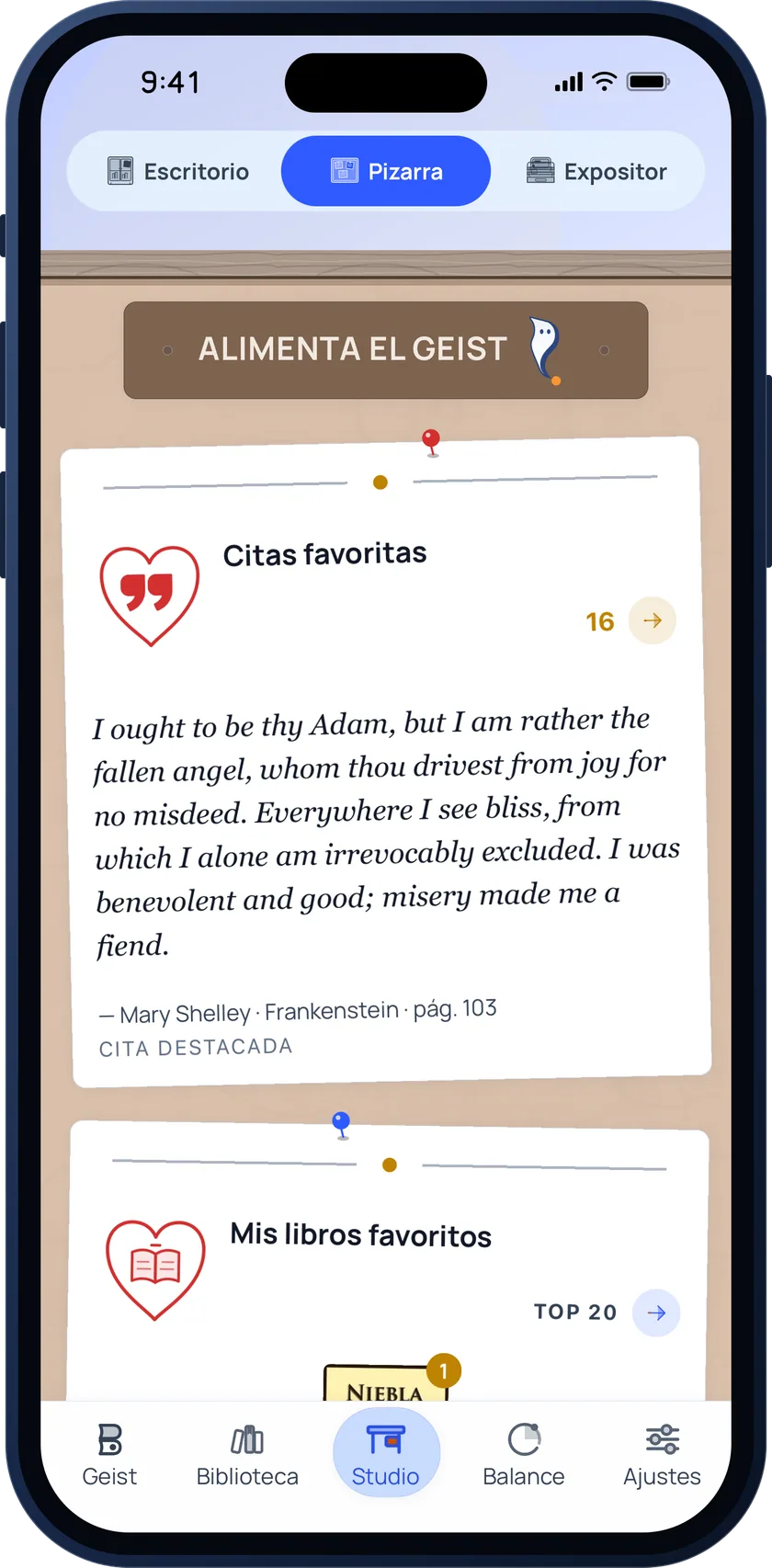 Bookgeist Panel with favourite quotes pinned like notes and your top favourite books