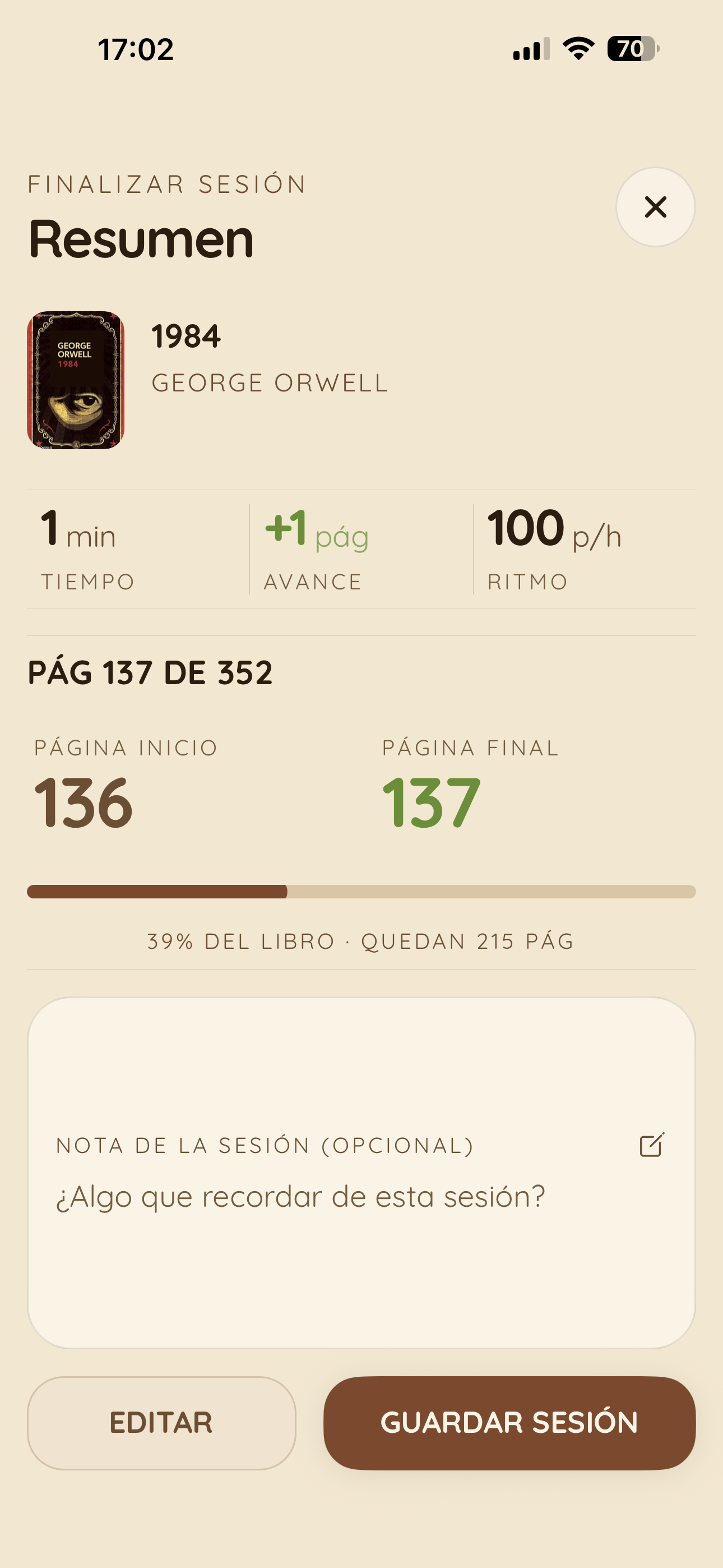 BookGeist session summary with time, pages and reading pace