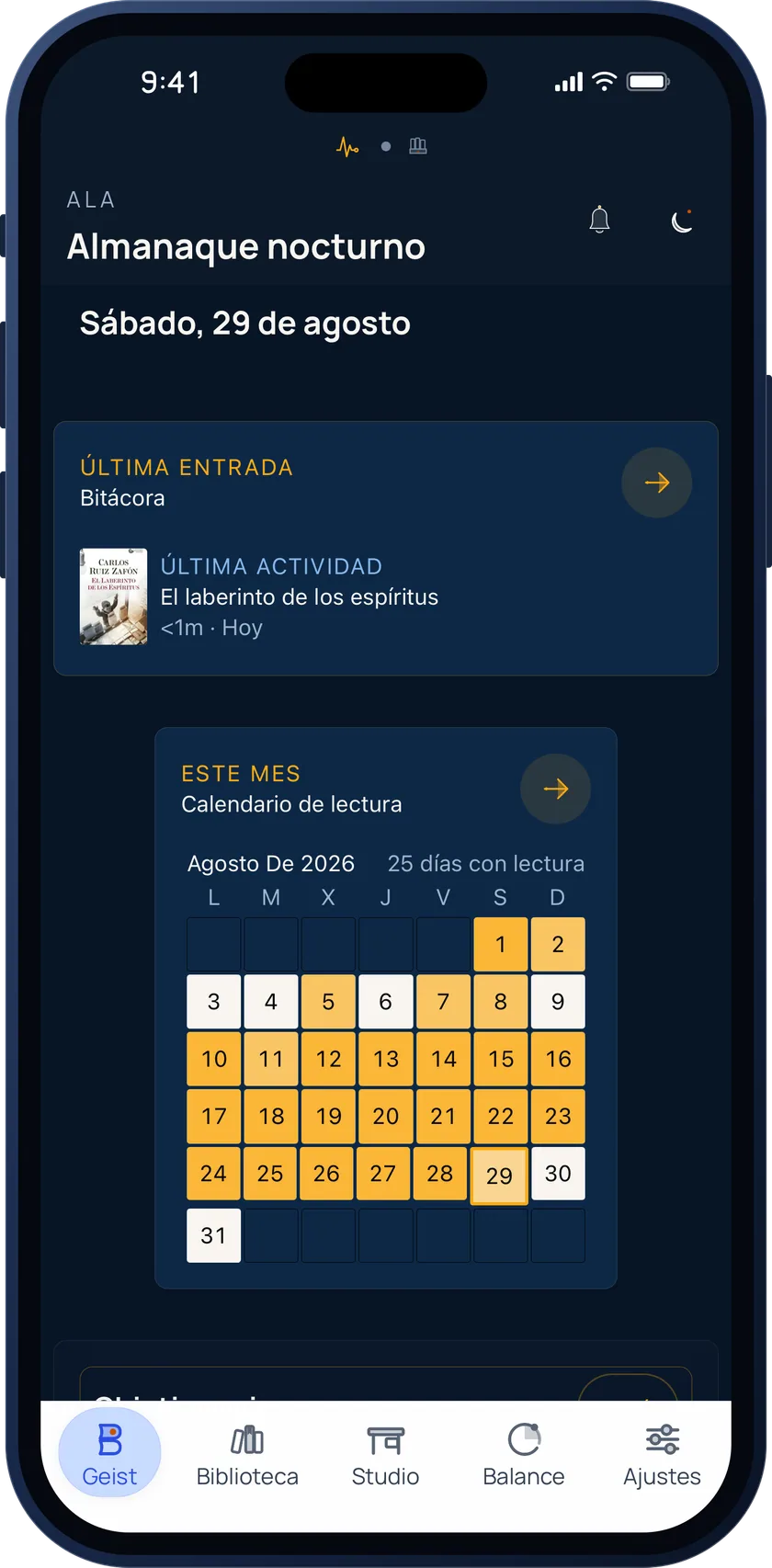 Bookgeist almanac home in its dark night theme with the reading calendar in amber