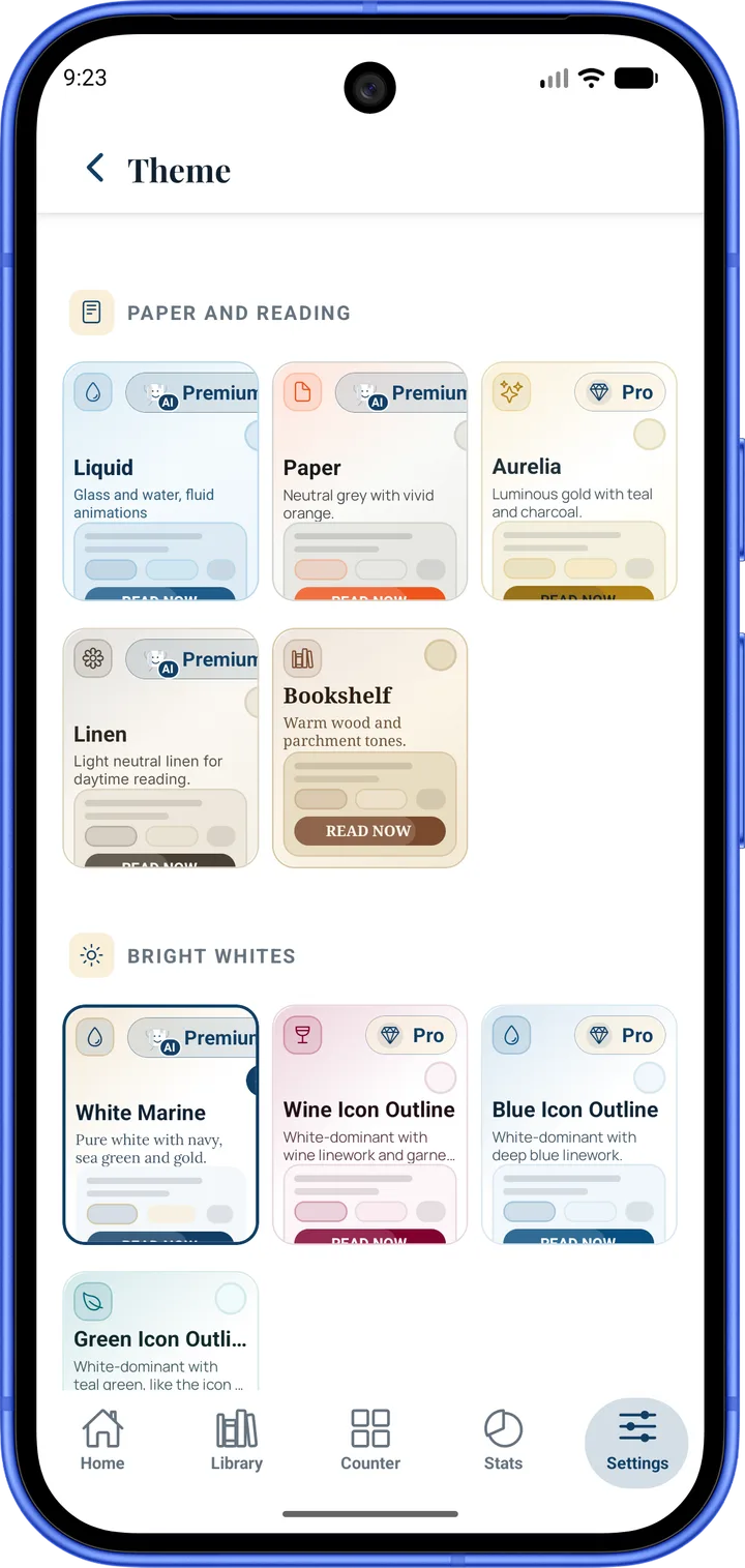 BookGeist theme gallery with curated colors and fonts